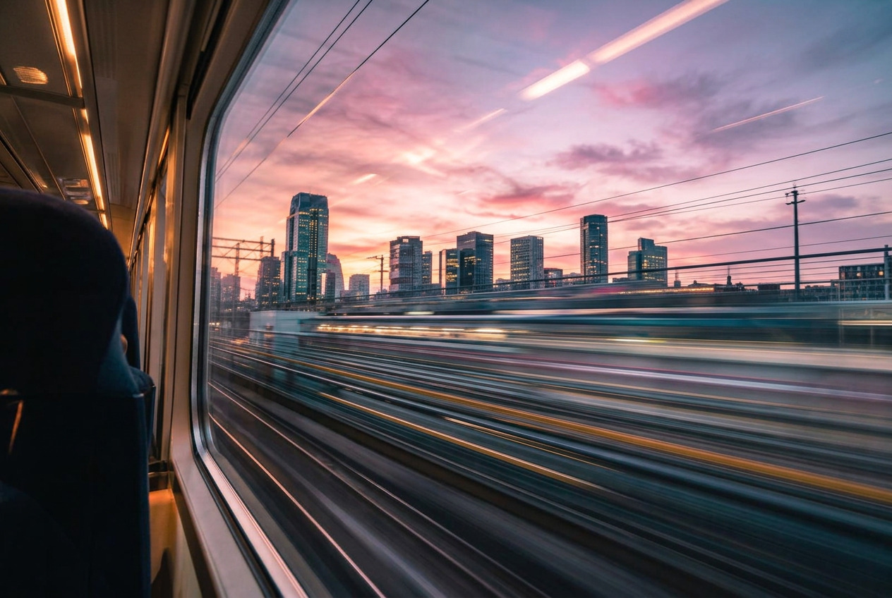 City skyline seen from a moving train, suggesting momentum and progress