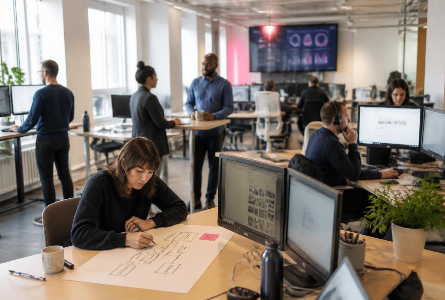 A small multidisciplinary team at a large screen showing a marketing operations dashboard and process flow diagrams, reviewing a signal together while a colleague works through a campaign brief