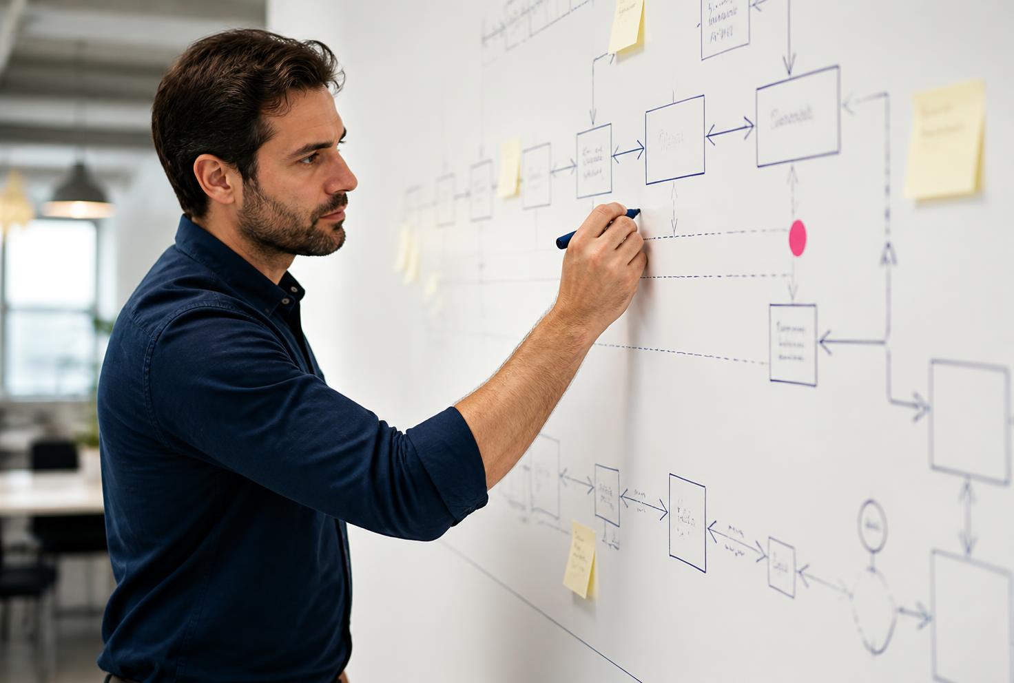 A specialist mapping a process and value-stream on a wall, marking bottlenecks and automation points as part of a process transformation