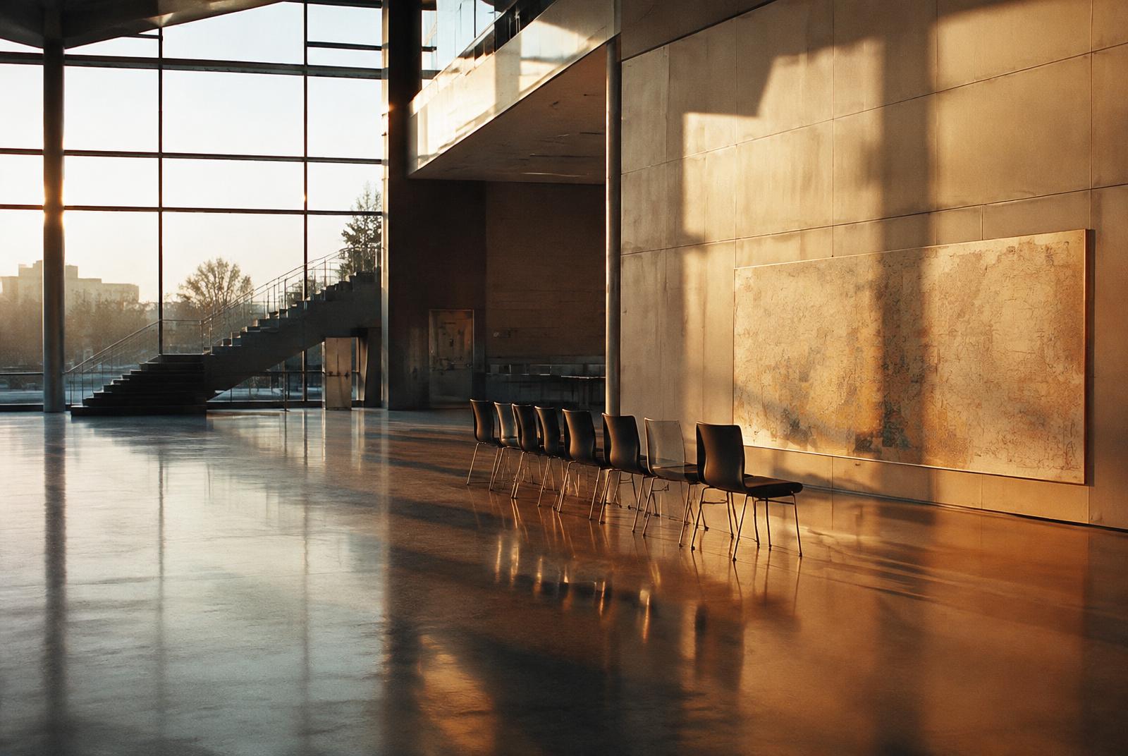 An empty civic atrium at dawn, a row of chairs waiting in low golden light