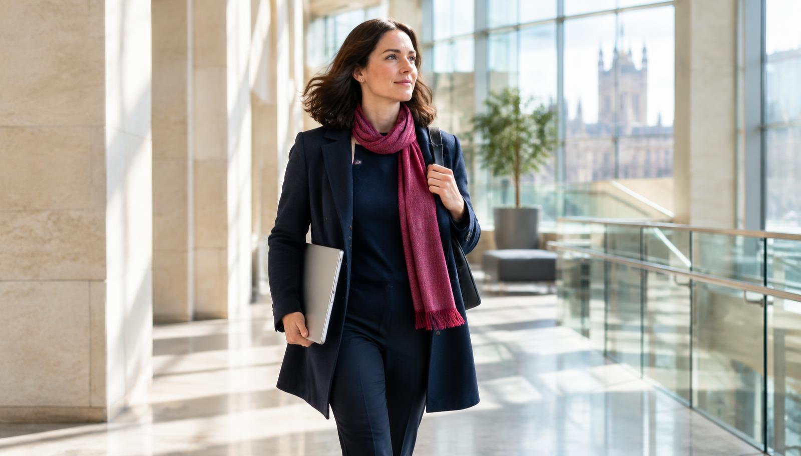 A specialist arriving with a laptop through the atrium of a modern government building
